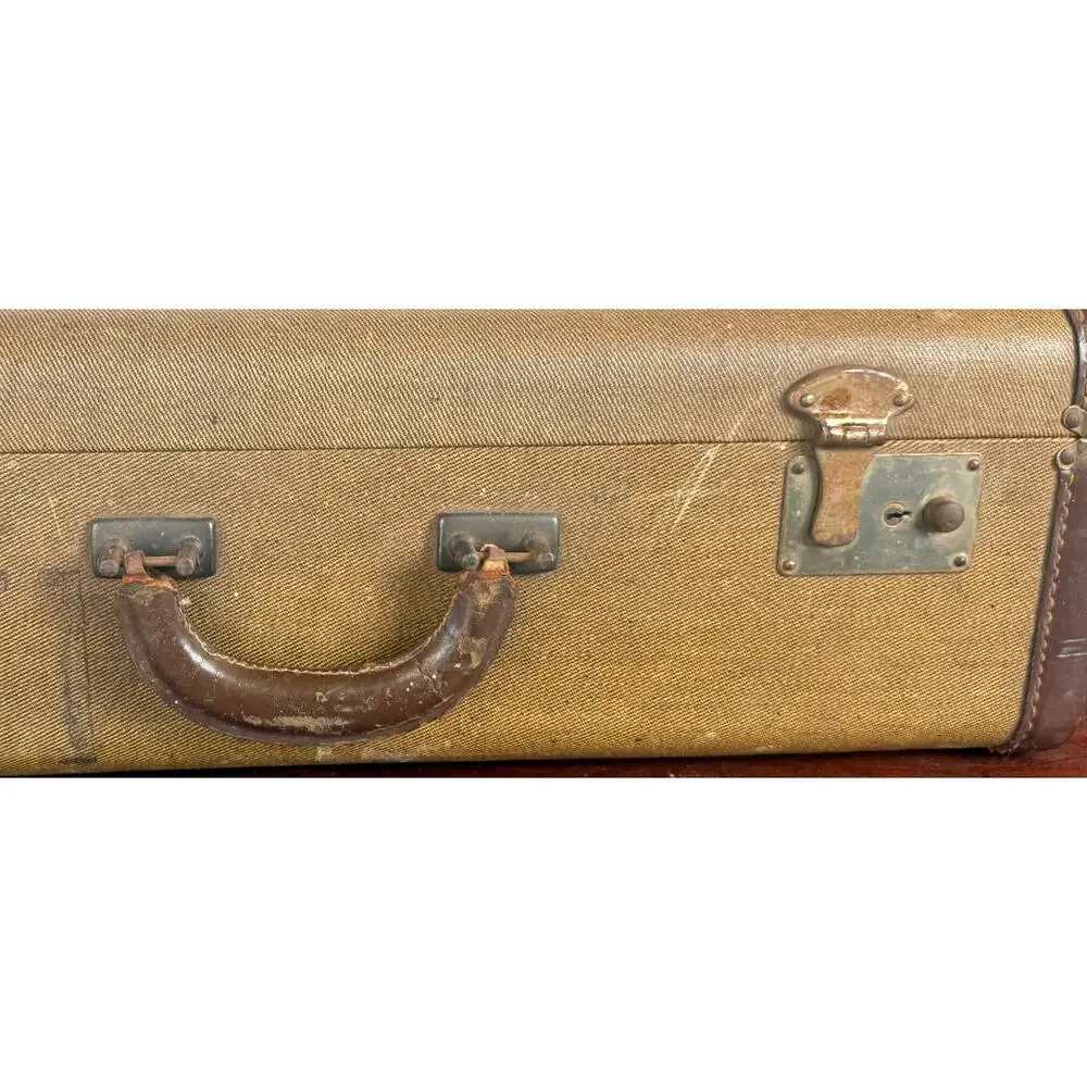 Brown Tweed Hard Sided Suitcase Ruched Interior Vintage Luggage